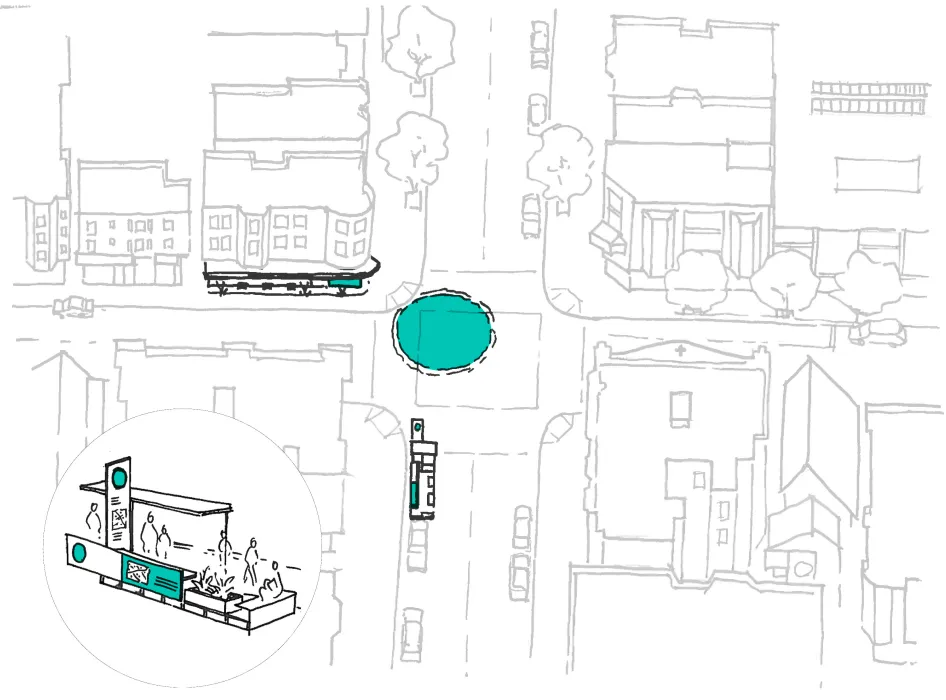 Sketch of a neighborhood with an aqua circle in an intersection and tw businesses highlighted in aqua representing a place of gathering in an emergency.