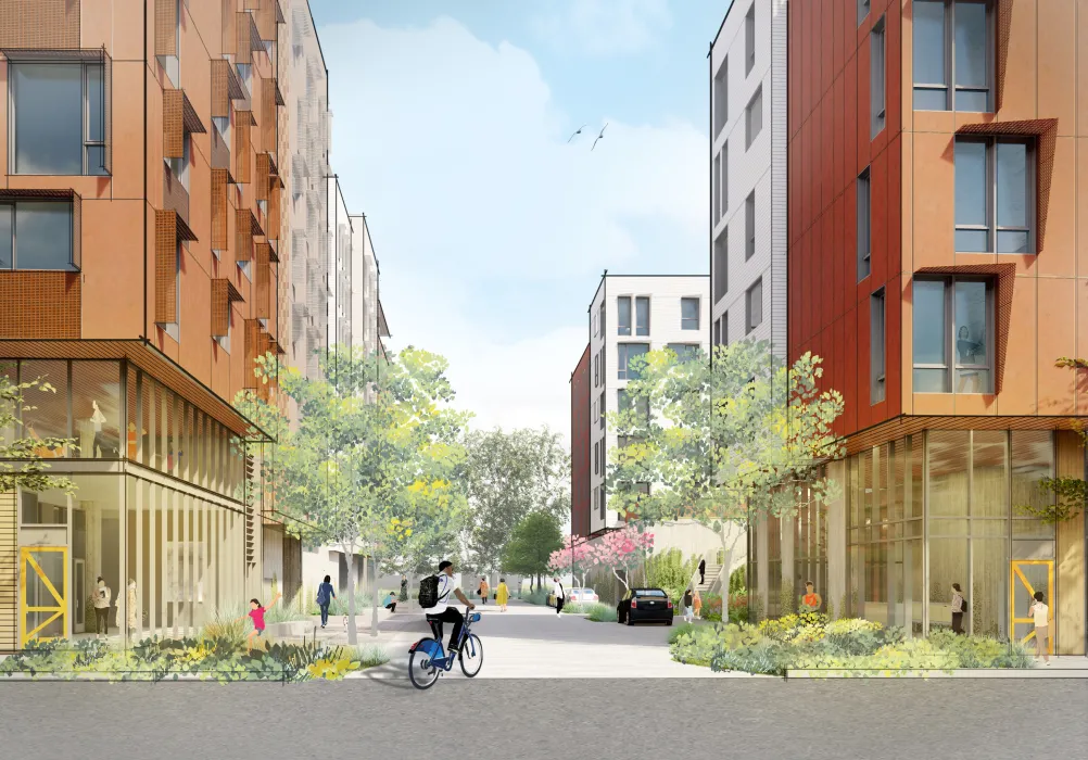 Exterior rendering of the pedestrian greenway for East Santa Clara Housing in San Jose, California