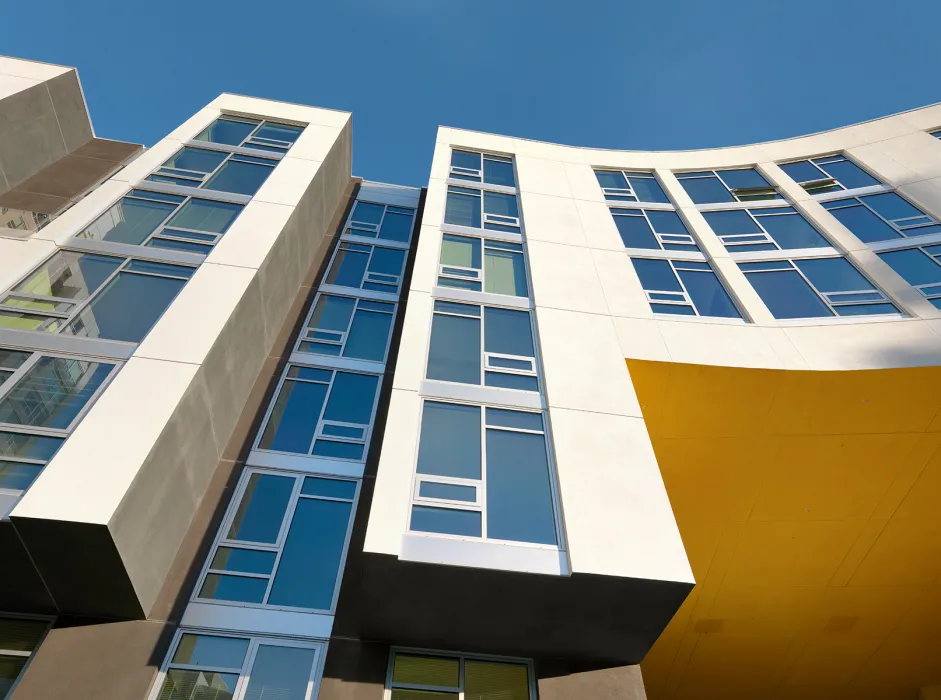 Detail of the facade and windows at Rincon Green in San Francisco.