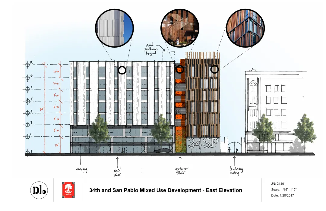 Elevation study rendering for 34th and San Pablo Affordable Family Housing in Oakland, California.