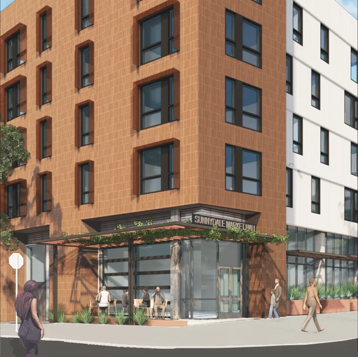Exterior rendering of the corner of Sunnydale Block 3 in San Francisco.