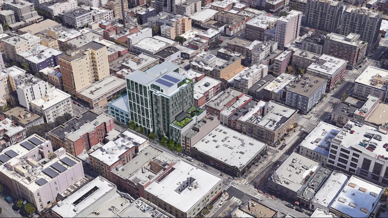 North west aerial rendering of 1101 Sutter in San Francisco.