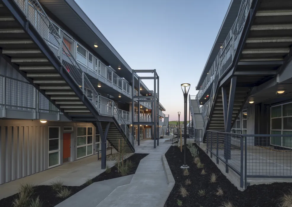 Pedestrian walkway at Rocky Hill Veterans Housing in Vacaville, California.