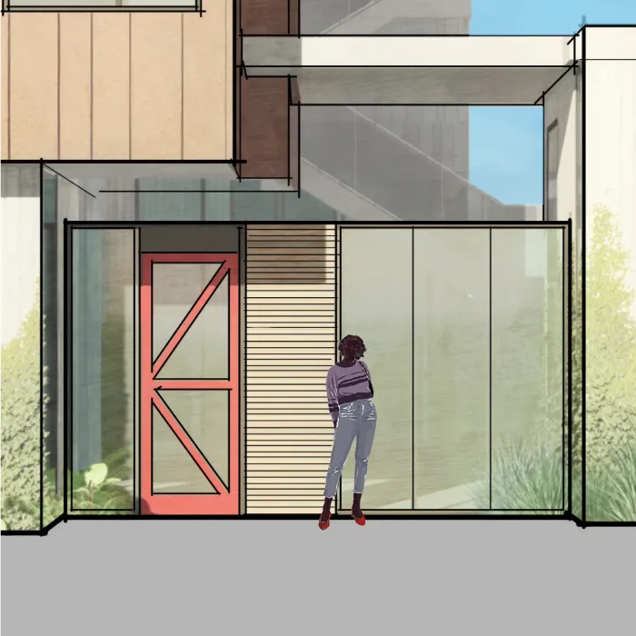 Exterior rendering of the entrance to 1100 La Avenida in Mountain View, California.