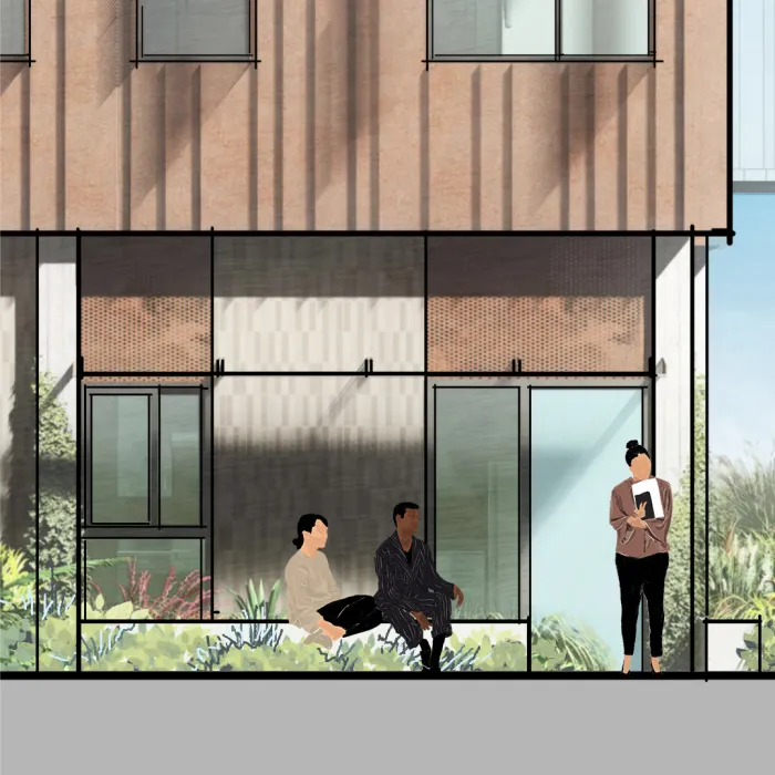 Exterior rendering of the private residential entry to 1100 La Avenida in Mountain View, California.
