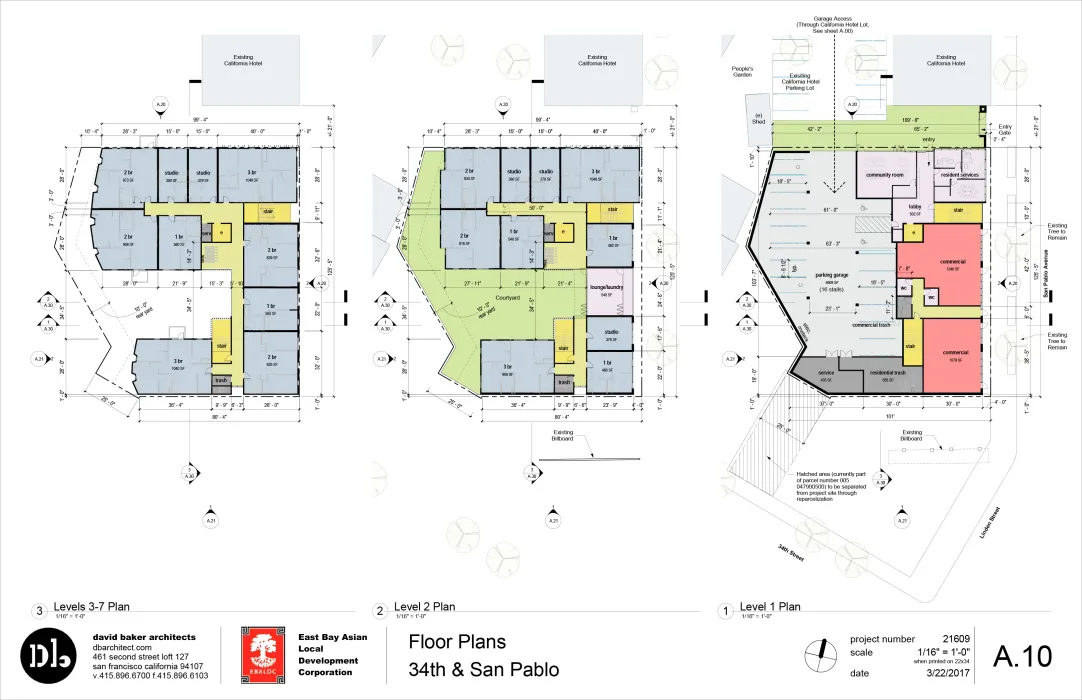 Schematic floor plans for the 1st level, 2nd level and 3-7 level for 34th and San Pablo Affordable Family Housing in Oakland, California.