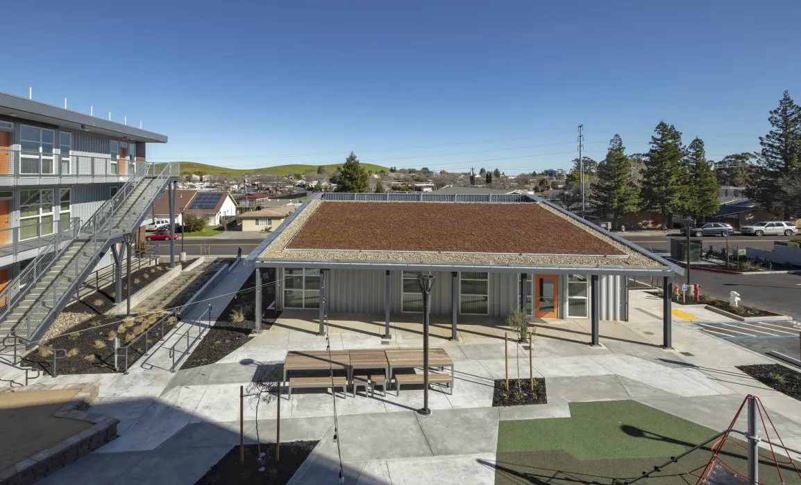 Rooftop of the community building at Rocky Hill Veterans Housing in Vacaville, California.