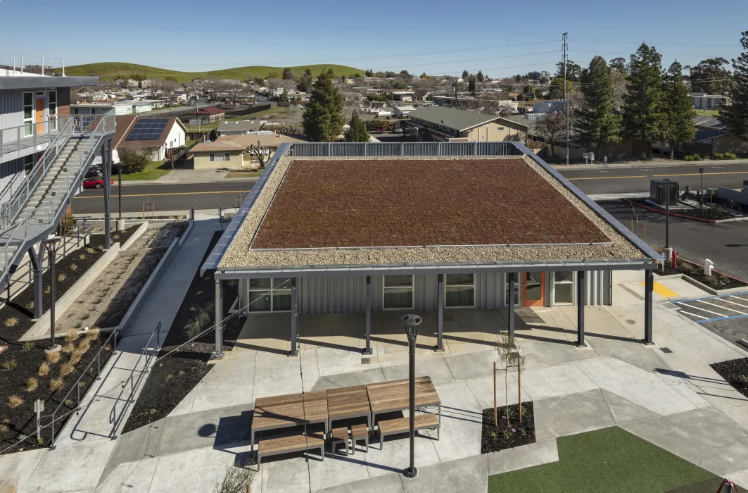 Rooftop of the community building at Rocky Hill Veterans Housing in Vacaville, California.