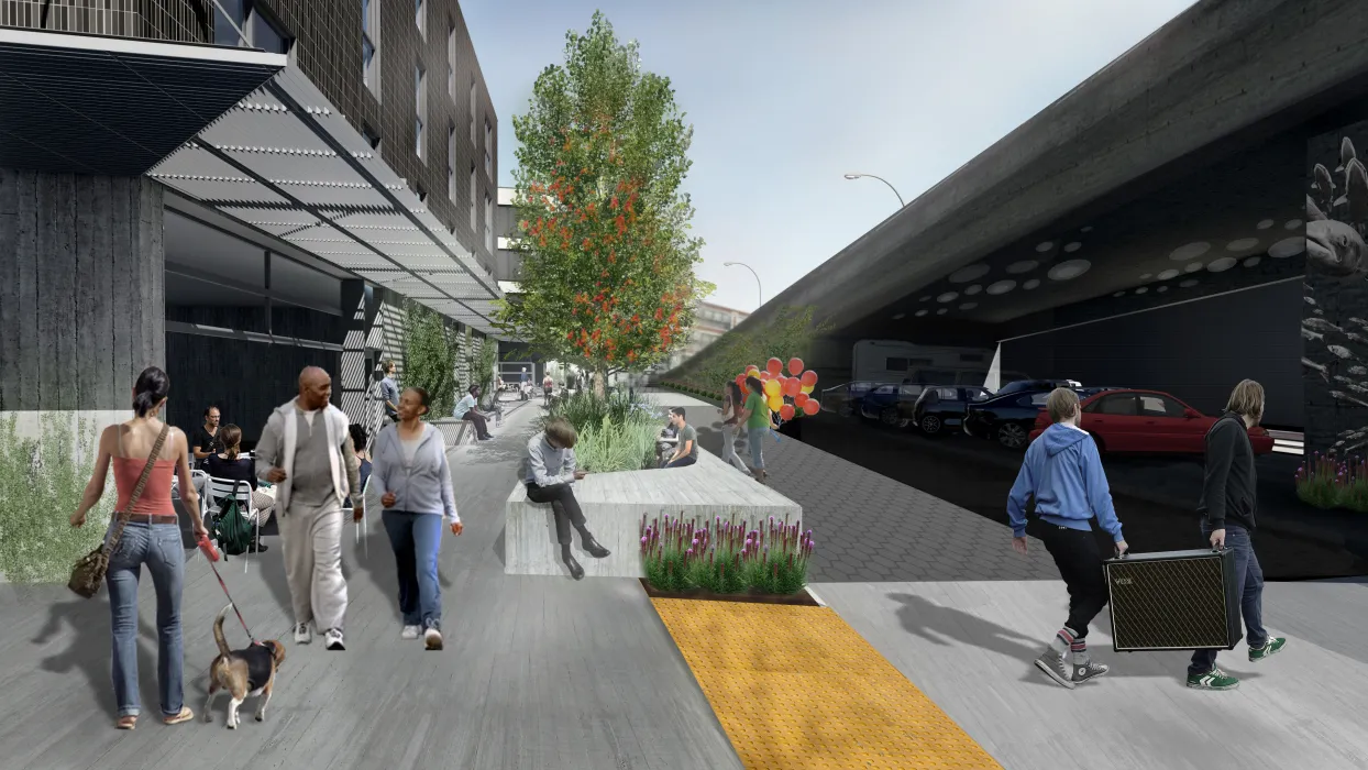 Rendering of an alley at 789 Minnesota with greenery throughout.
