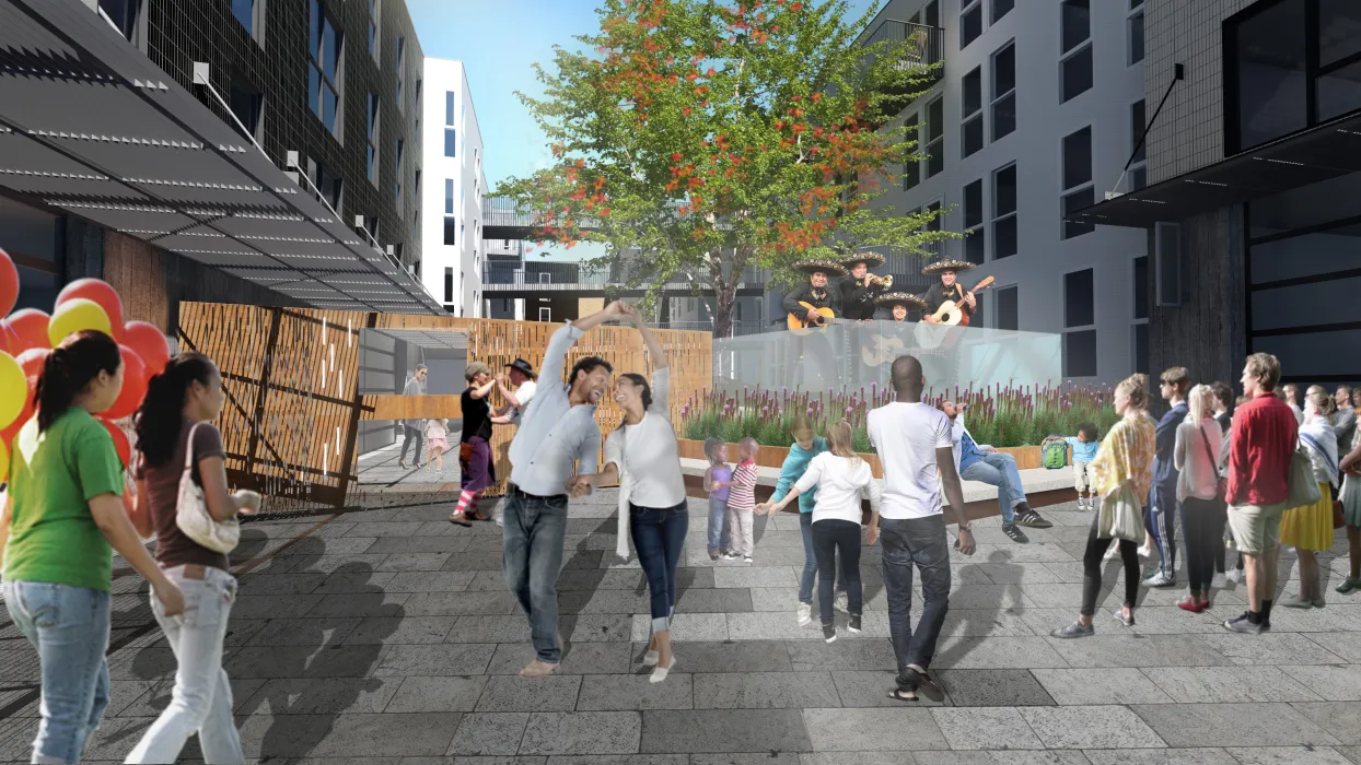 Rendering of the public plaza at  789 Minnesota in San Francisco.