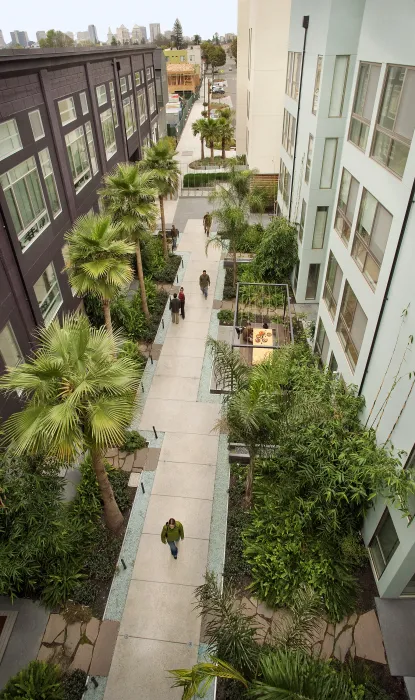View of a courtyard from above at Pacific Cannery Lofts in Oakland, California.
