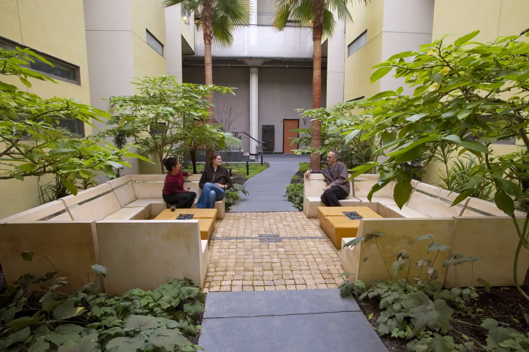 Courtyard with conversation pit at Pacific Cannery Lofts in Oakland, California.