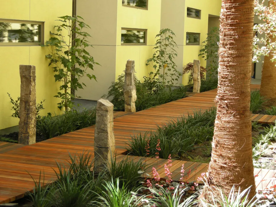 Garden courtyard walkway at Pacific Cannery Lofts in Oakland, California.