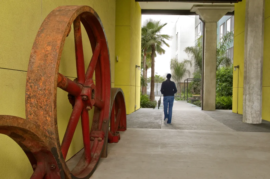 Large wheels repurposed from the cannery at Pacific Cannery Lofts in Oakland, California.