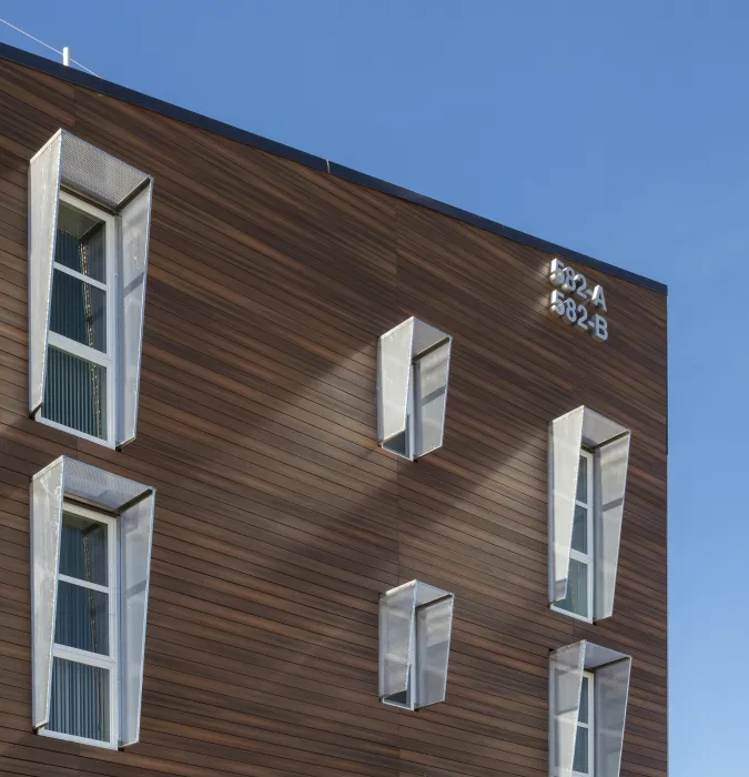 View of the perforated metal screens shades on Rocky Hill Veterans Housing in Vacaville, California.