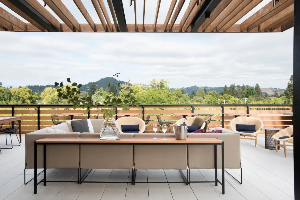 Rooftop terrace at Harmon Guest House over looking the Healdsburg mountains.