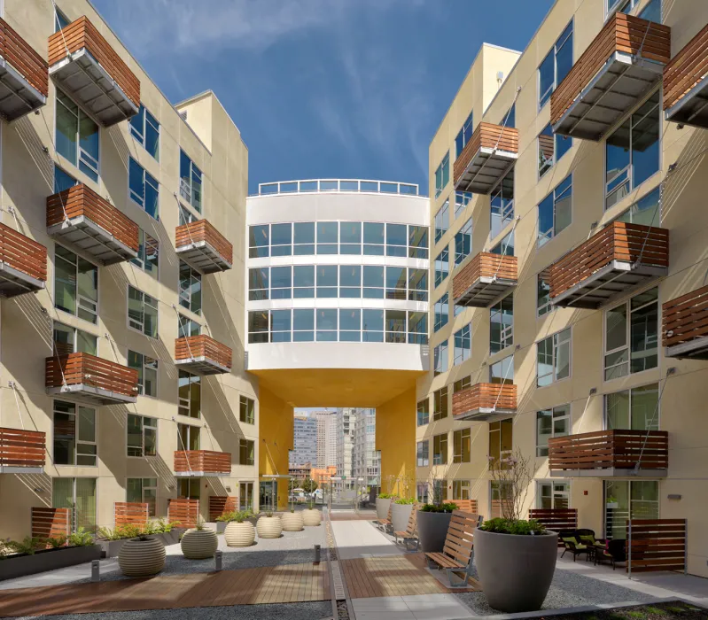 Rincon Green courtyard and wood balconies in San Francisco.