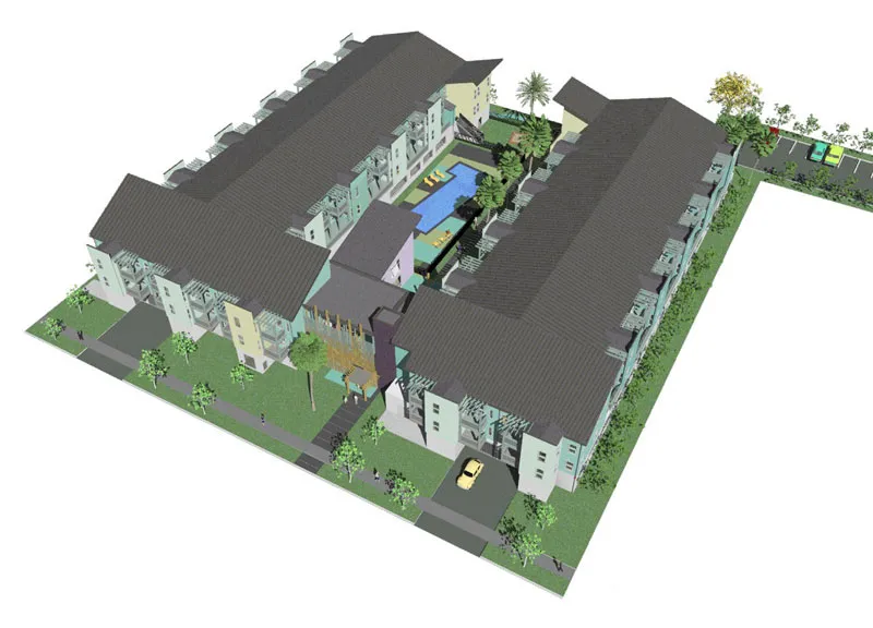 3D aerial site plan for Lenzen Square in San Jose, California.