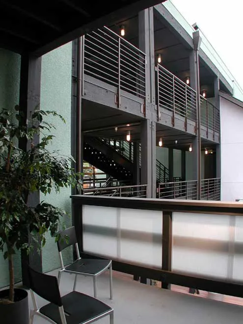 Looking out to a residents balcony at Lenzen Square in San Jose, California.