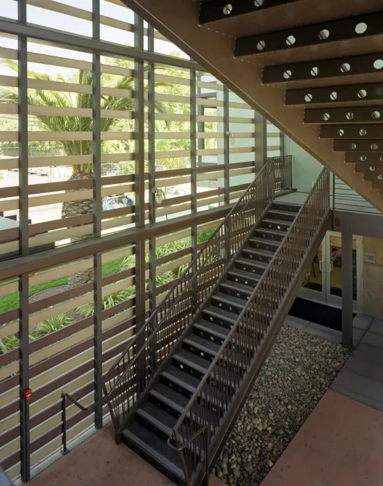 Open-air stair at Lenzen Square in San Jose, California.