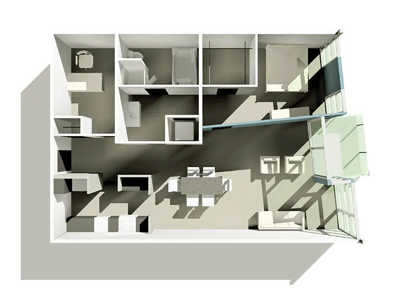 Aerial 3D model of a one bedroom loft for Channel Lofts.