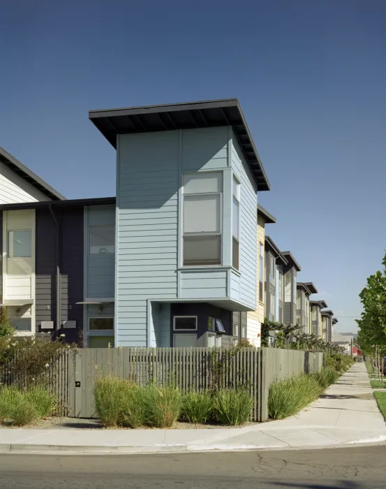 Corner view of Magnolia Row in West Oakland, California.