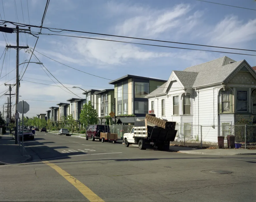 Exterior corner view of Magnolia Row in West Oakland, California.