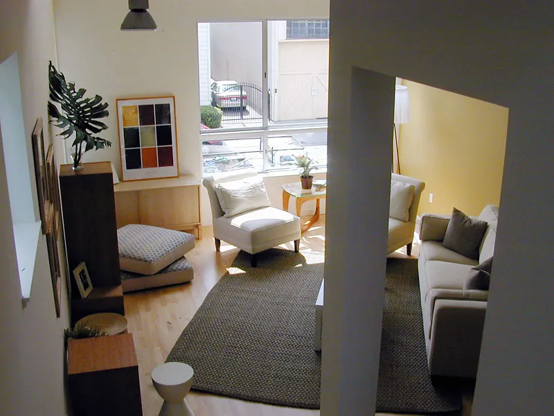 Living area in a unit at Magnolia Row in West Oakland, California.