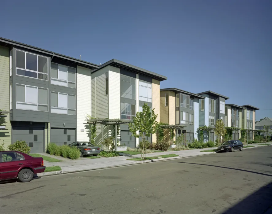 Exterior street view of Magnolia Row in West Oakland, California.