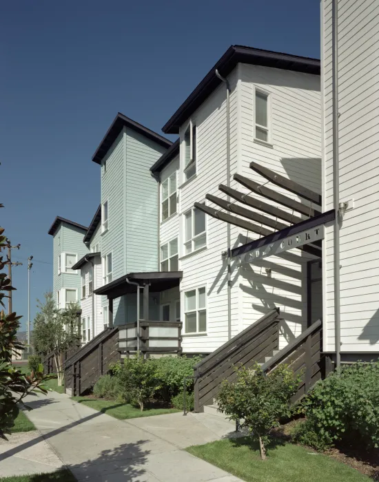 Linden Street entry and stoops at Linden Court in Oakland, California.