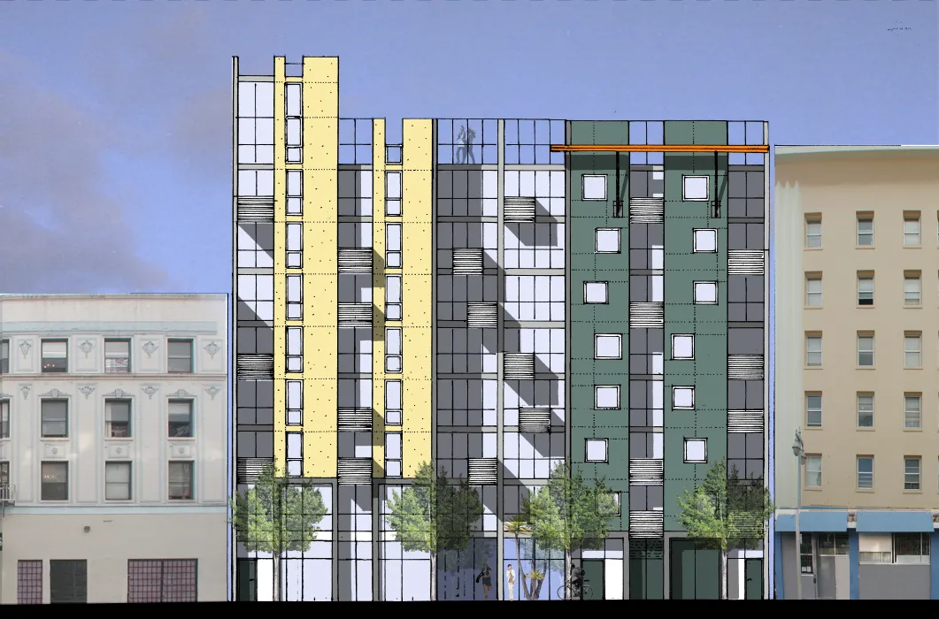 Cartoon-style sketch of the building elevation, showing balconies and color patterns.
