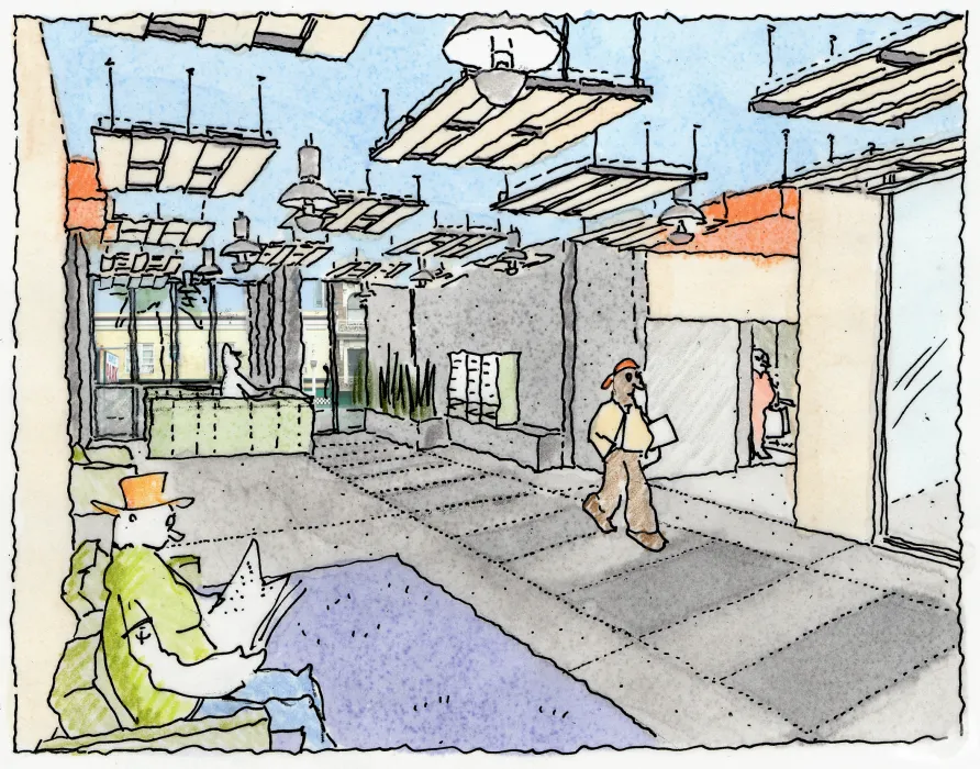 Cartoon-style sketch of lobby design, showing reception desk with views to the street. 