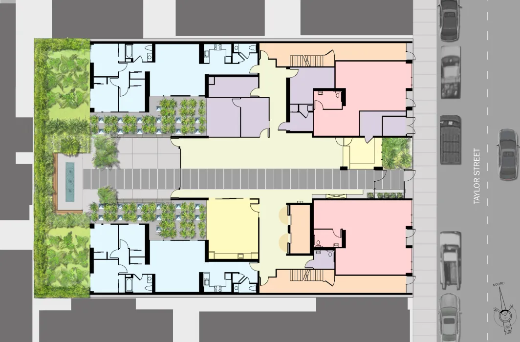 Site plan showing ground-floor uses of Curran House in San Francisco.
