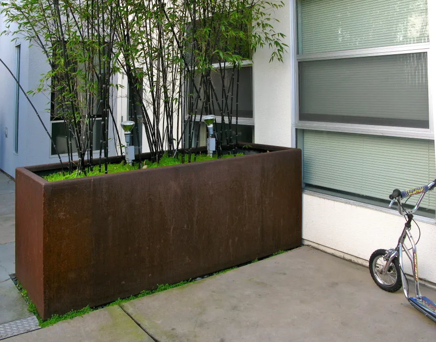 Corten planters at Folsom-Dore Supportive Apartments in San Francisco, California a few years after installation.