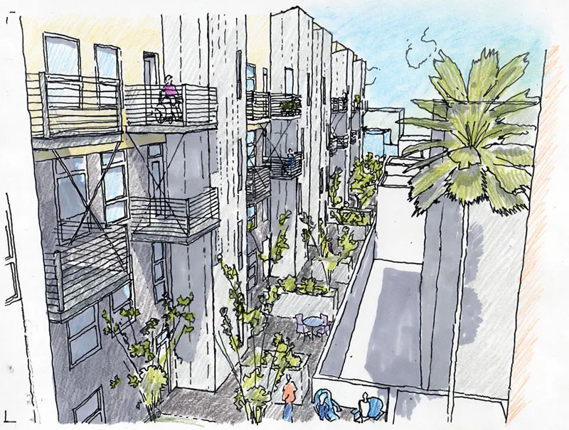 Back courtyard sketch for Folsom-Dore Supportive Apartments in San Francisco, California.