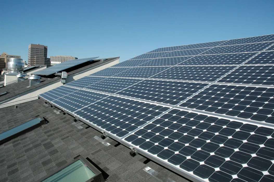 Solar panels on the roof of Folsom-Dore Supportive Apartments in San Francisco, California.