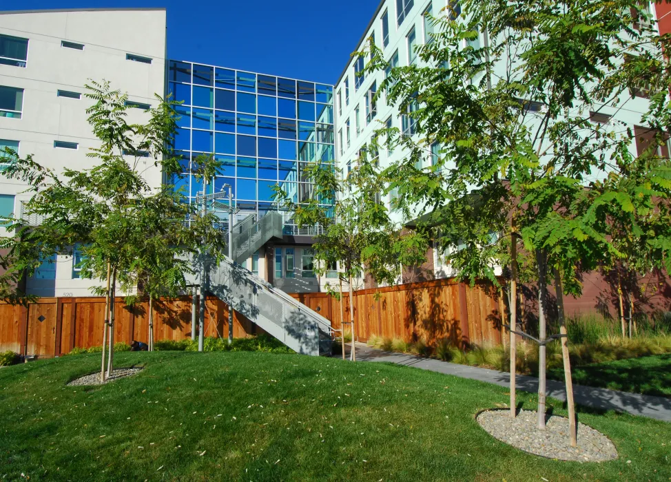 Exterior view of the glass sound wall at 888 Seventh Street in San Francisco.