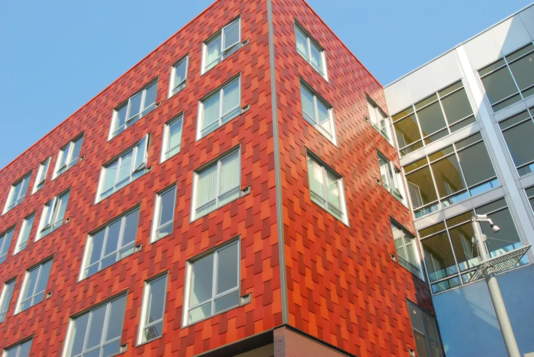 Detail of the red shingles that cover 888 Seventh Street in San Francisco.