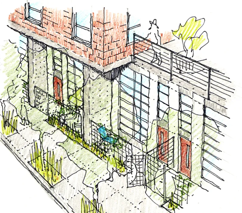 Sketch of the ground level townhouses for 888 Seventh Street in San Francisco.