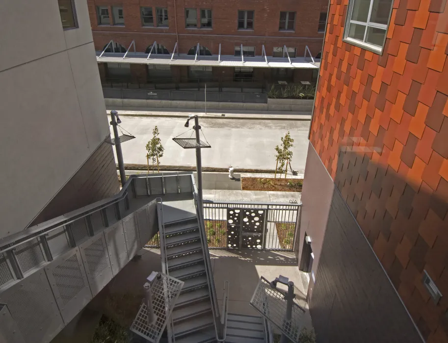 Looking down to the townhouse entrance at 888 Seventh Street in San Francisco.