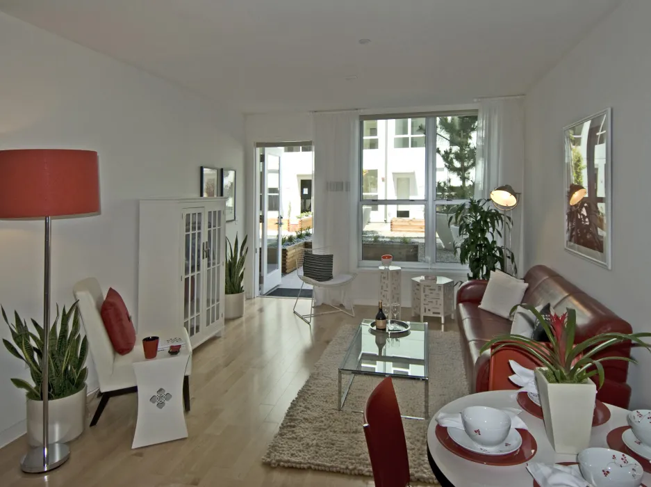 Living room of a studio unit at 888 Seventh Street in San Francisco.