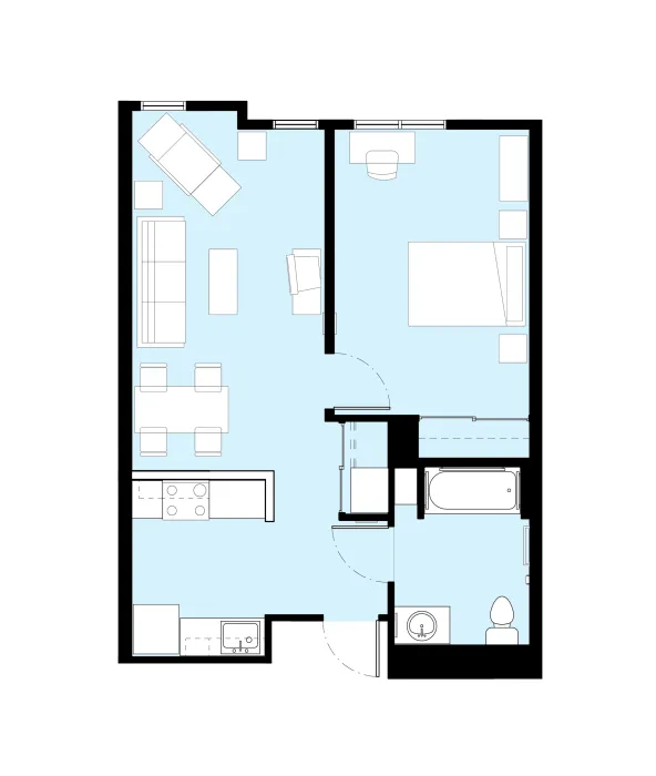 Unit plan for a one bedroom unit at Armstrong Place Senior in San Francisco.