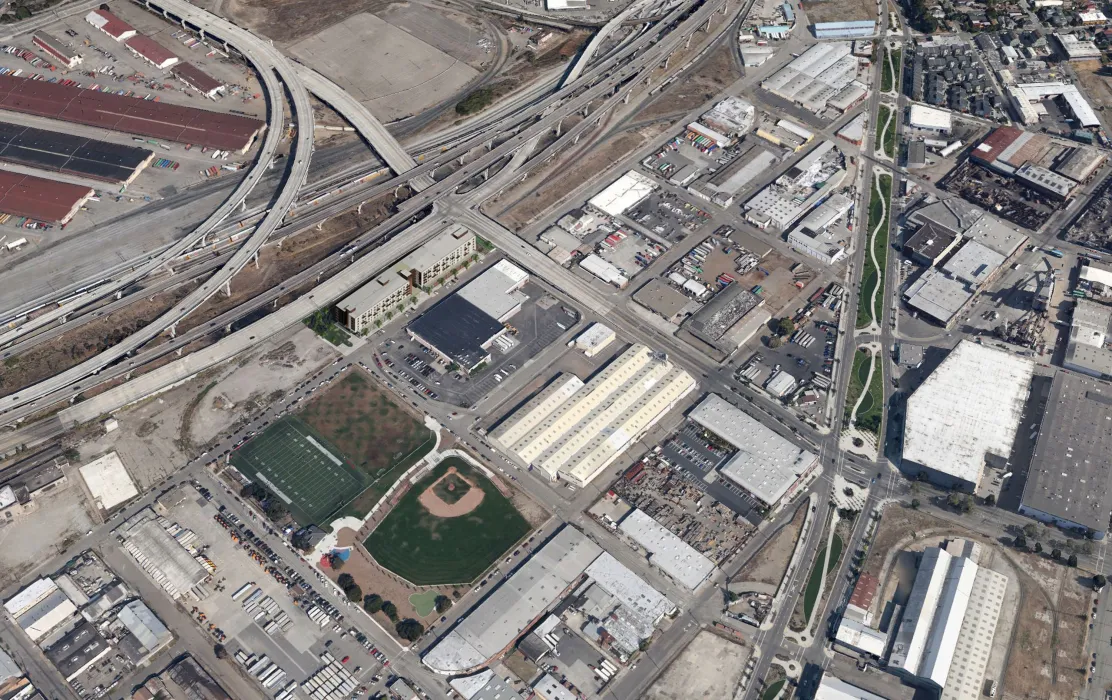 Digital visualization of aerial view for 2121 Wood Street in Oakland, California.