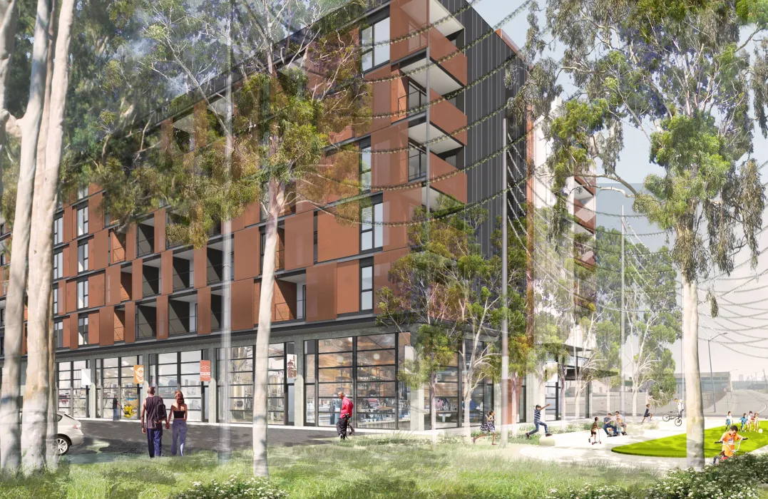 Exterior rendering of the park looking out towards Wood Street for 2121 Wood Street in Oakland, California. 