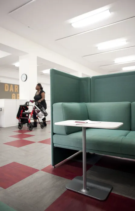 Seating area inside CHP Training Center in San Francisco.