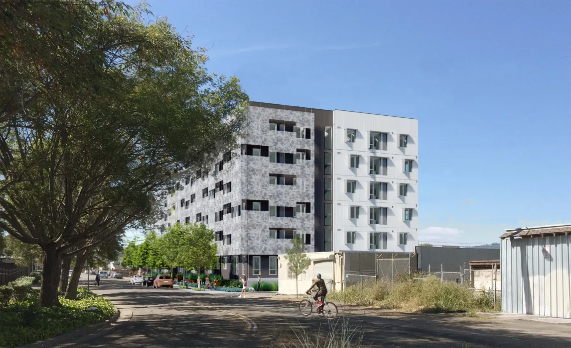 Rendered street view of Coliseum Place, affordable housing in Oakland, Ca