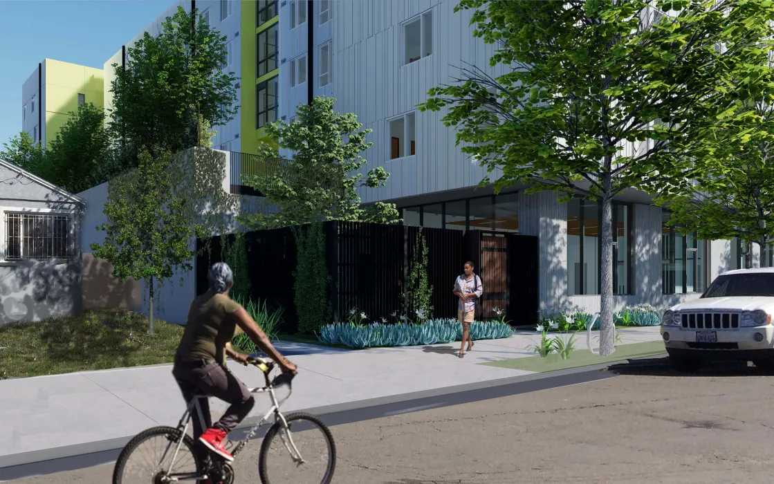 Rendered street view of the courtyard at Coliseum Place, affordable housing in Oakland, Ca