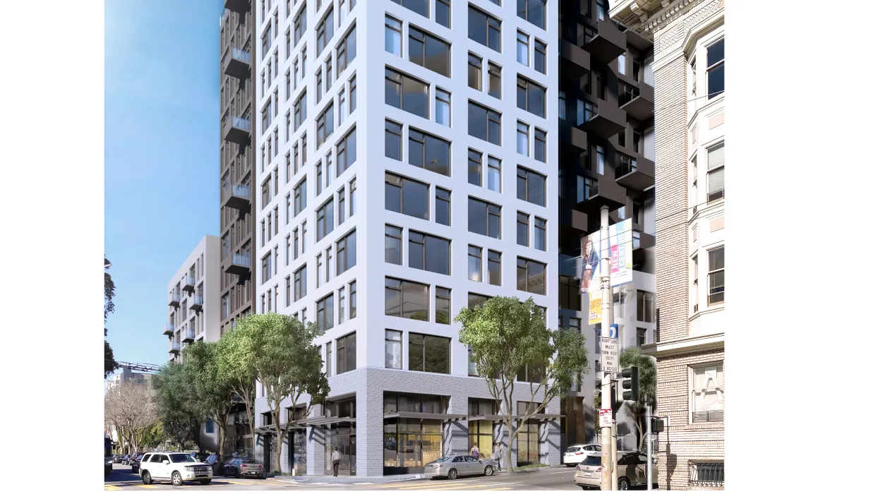 Exterior rendering of retail spaces on the ground floor of 600 McAllister in San Francisco.