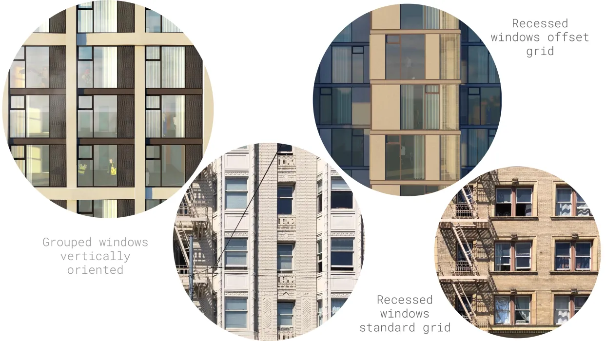 Diagram of different types of windows: Recessed windows offset grid, Recessed windows standard grid, and Grouped windows vertically oriented.