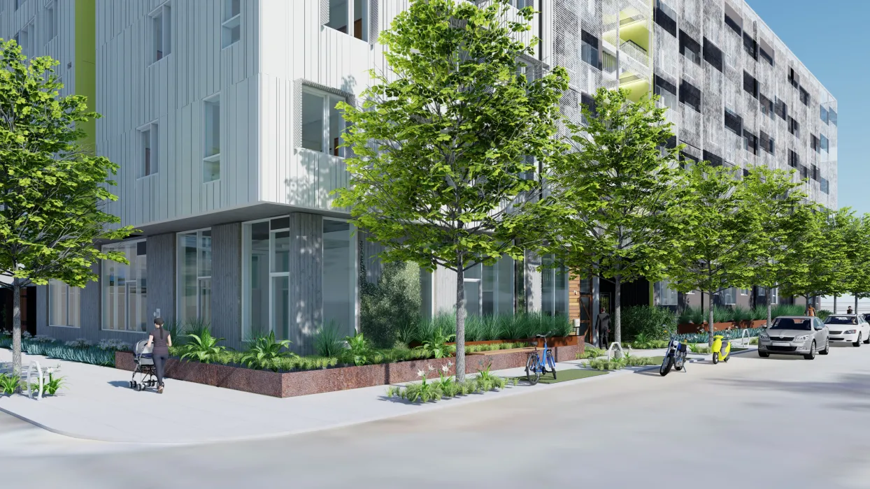 Rendered street view of Coliseum Place, affordable housing in Oakland, Ca